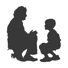 Silhouette elderly women and little boy were sitting while talking black color only