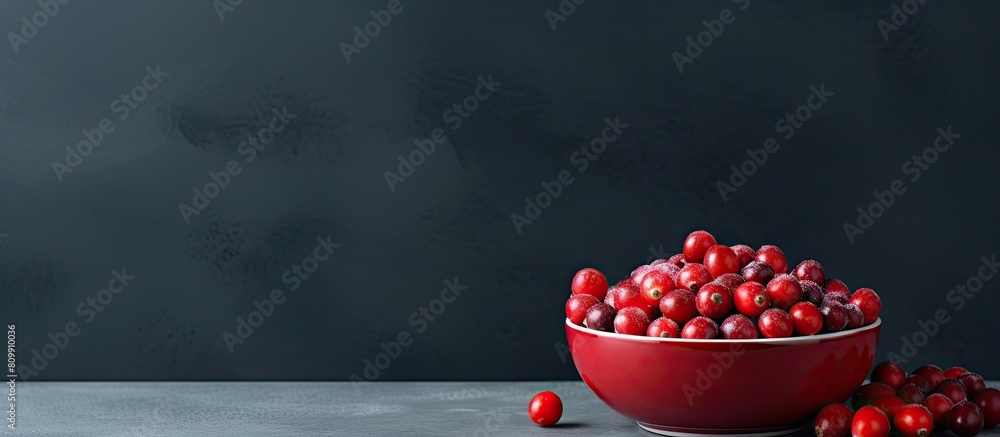 Poster a bowl of fresh cranberries sits on a dark grey table leaving room for text in the image. creative b
