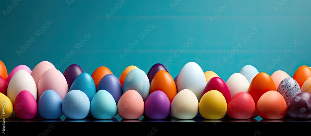 Poster A vibrant and vivid composition of Easter eggs arranged in a flat layout with ample copy space for text