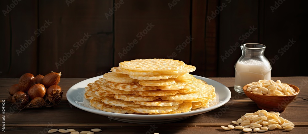 Poster a plate of puffed rice pancakes is placed on the table ready to be enjoyed 83 characters. creative b