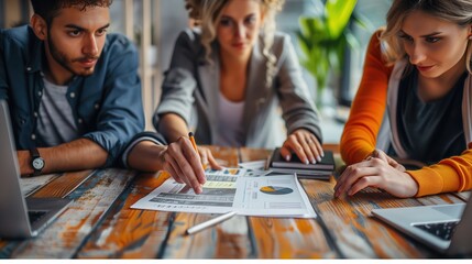 Young professionals collaboratively analyzing data and strategizing over financial documents in a dynamic office setting
