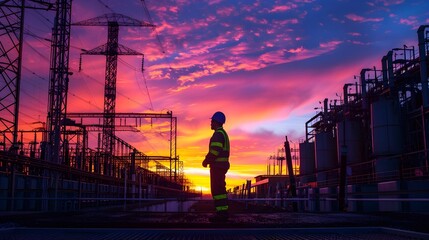 Power Station Technician Silhouette at Dramatic Sunset Landscape