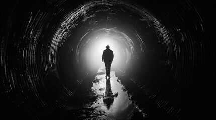Silhouette of a person standing against the backdrop of a tunnel. which has dim light Passing through from the far end The atmosphere looked bleak. reminiscent of solitude