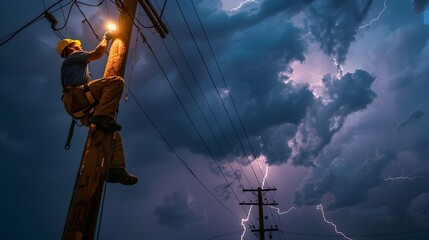 Technician Scaling Electrical Pole Amidst Dramatic Storm and Lightning