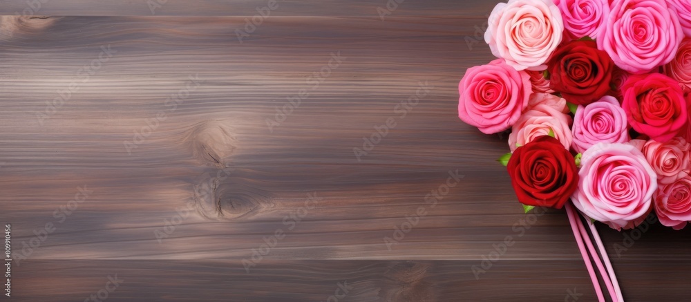 Poster a copy space image with a lollipop red and pink roses placed on a wooden background
