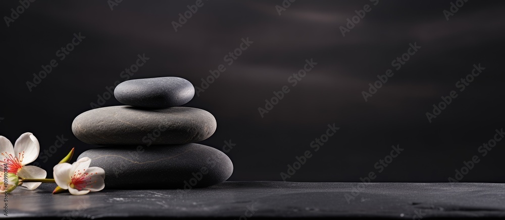 Aufkleber A serene spa composition with a stack of spa stones on a copy space image against a black background