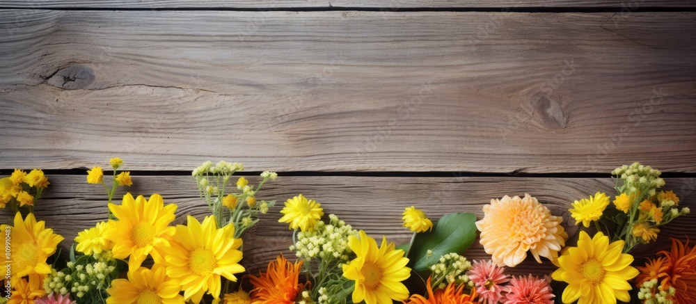 Poster a vibrant assortment of yellow flowers adds a touch of color to a rustic wooden background creating 