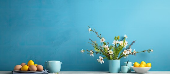 Copy space image of table adorned for Easter celebration placed against a vibrant blue wall