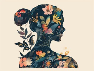 woman's head in profile, filled with a pattern of flowers and leaves.