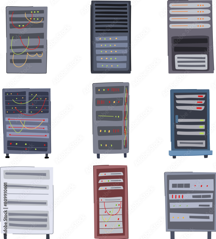 Poster server rack set cartoon. database internet, cloud web, room storage server rack sign. isolated symbo