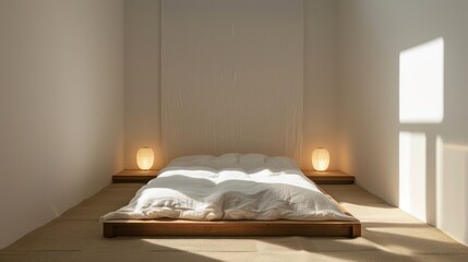 A minimalist bedroom with a platform bed, crisp white bedding, and minimal decor, promoting a serene and clutter-free environment.