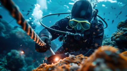 Underwater Technician Repairing Submarine Cable Amid Vibrant Marine Life