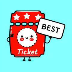 Cute Cinema ticket with poster best. Vector hand drawn cartoon kawaii character illustration icon. Isolated on blue background. Cinema ticket think concept