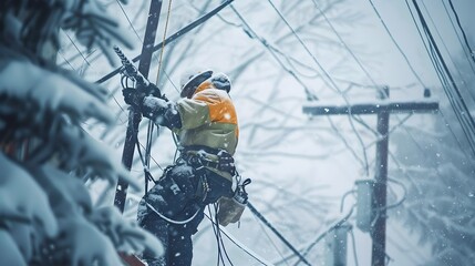 Electrician Heroically Repairing Power Lines During Intense Blizzard Conditions