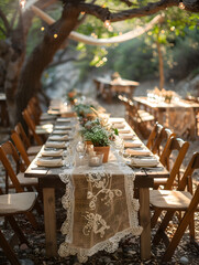 A wooden table with a lace runner sits under a tree in the natural landscape, perfect for outdoor events or gatherings