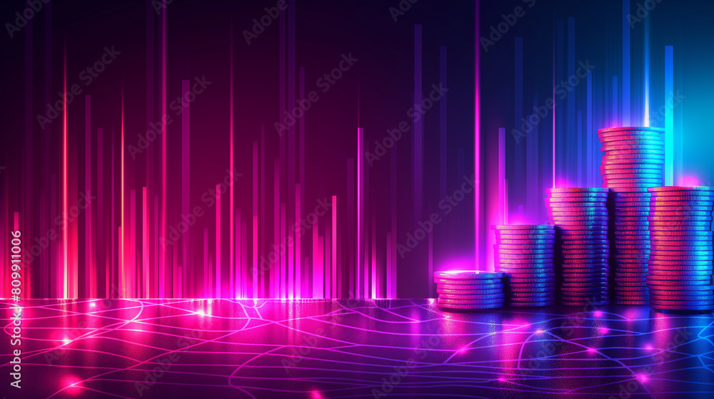 Poster abstract futuristic visualization of a financial investment concept depicting stacked coins and glow