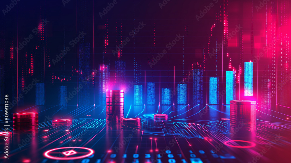 Poster abstract futuristic visualization of a financial investment concept depicting stacked coins and glow