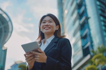 Fototapeta premium Asian business woman leader entrepreneur, smiling young professional manager holding digital tablet