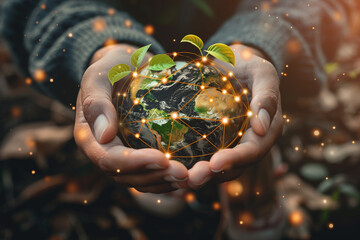 Hands holding earth sprouting renewable energy symbols interconnected with biocybernetic veins for a sustainable tomorrow 