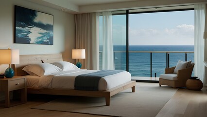 Bedroom with white theme and painting on the wall. View of the sea in corner. AI Generated 