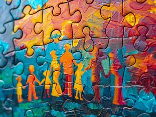 Colorful puzzle with a painted picture of a family on a walk in the park.