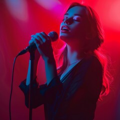 Young woman singing in microphone on color background, singing female portrait, karaoke