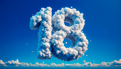 Fluffy cloud formations craft the number '18' against a clear blue sky, ideal for coming of age celebrations and milestone birthday events. Features ample copy space