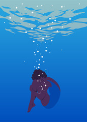 African woman in a swimsuit underwater in the pool. Swimming in the pool. Spa and resort. The sea and the ocean. Vector flat illustration