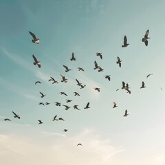 Flock of Birds Soaring Through Tranquil Sky