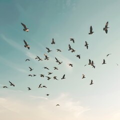 Fototapeta premium Flock of Birds Soaring Through Tranquil Sky
