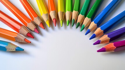 Vibrant color pencils arranged in a color wheel formation on a clean white background