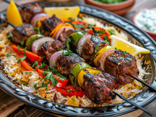 A plate of meat skewers with vegetables and rice. The plate is silver and has a wooden table underneath it. 