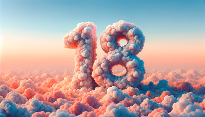 Cloud formations in vibrant colors shape the number '18', floating in a dreamy pink sky, perfect for celebrating coming of age and milestone events. Ample copy space allows for event-specific custom