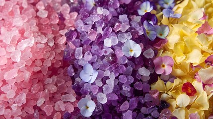 Fototapeta premium Scented Bath Salts in Amethyst,Quartz and Rose Petals for Relaxation and Wellness description:This stunning image captures a tranquil arrangement of