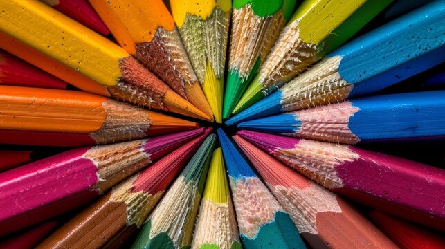 Color pencils arranged in color wheel order for creative artwork on white background