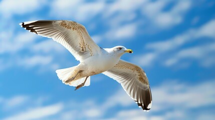Obraz premium majestic seagull soars through the sky, its wings outstretched and its feathers gleaming in the sunlight.