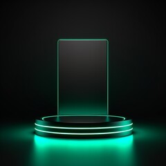 A glowing green and black podium against a black background.