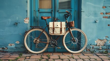 A blank canvas messenger bag on a bicycle, perfect for urban commuter gear mockups