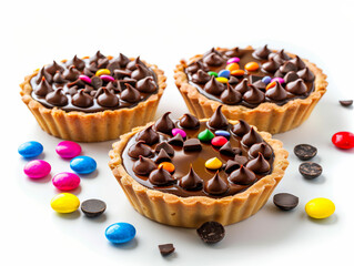 Three chocolate tarts with colorful sprinkles on top
