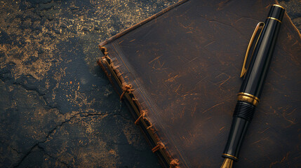 Antique leather notebook and fountain pen on a stone surface, symbolizing traditional writing and creativity