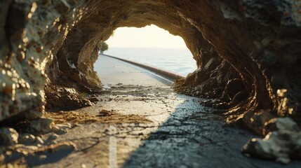 Fototapeta premium Hole in Bike Lane, walking path. Dangerous cliff on a walking road by the sea
