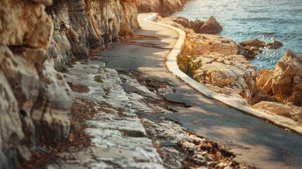 Fototapeta na wymiar Hole in Bike Lane, walking path. Dangerous cliff on a walking road by the sea