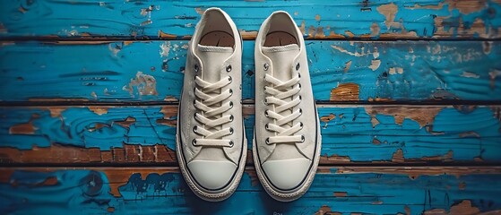 A blank canvas shoes on a wooden floor, suitable for showcasing your footwear designs