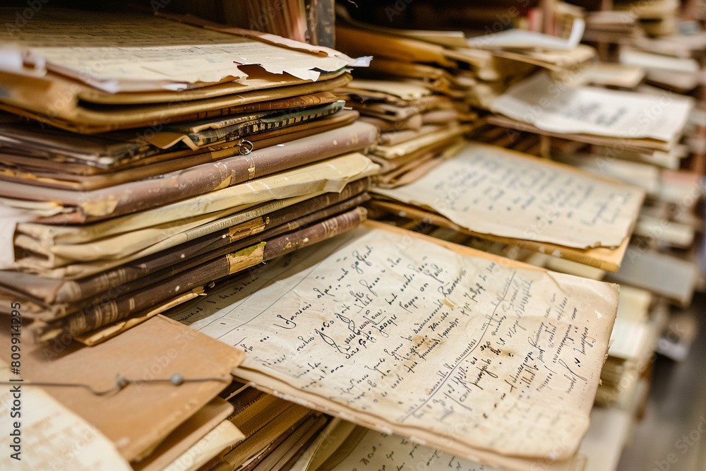 Poster historical documents and letters in an archive close-up on the preservation of information and memor