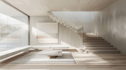 A minimalist staircase with open risers, glass balustrades, and minimalist artwork, adding visual...