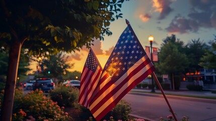 American Flag Displayed During Vibrant Sunrise or Sunset in a Charming Small Town Cityscape