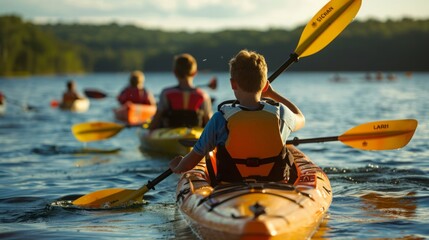 A group of individuals in kayaks paddling across a calm lake, enjoying a day of outdoor water...