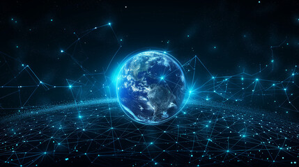 Obraz premium Blue futuristic background. Bitcoin and blockchain. Electronic cryptocurrency and modern technology. Online banking, and financial communications. World wide web. Hologram with a globe of the word.