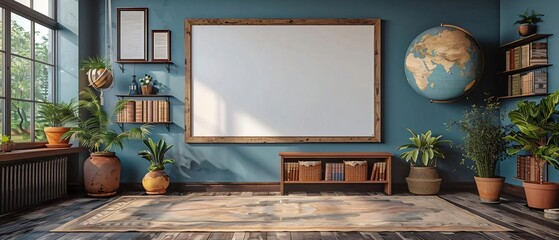 A blank whiteboard in a classroom setting, perfect for educational mockups