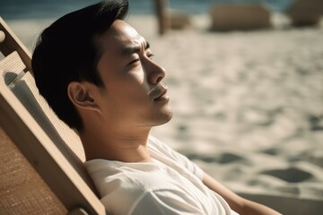 Serene male reclining peacefully on a sun lounger at the beach with eyes closed